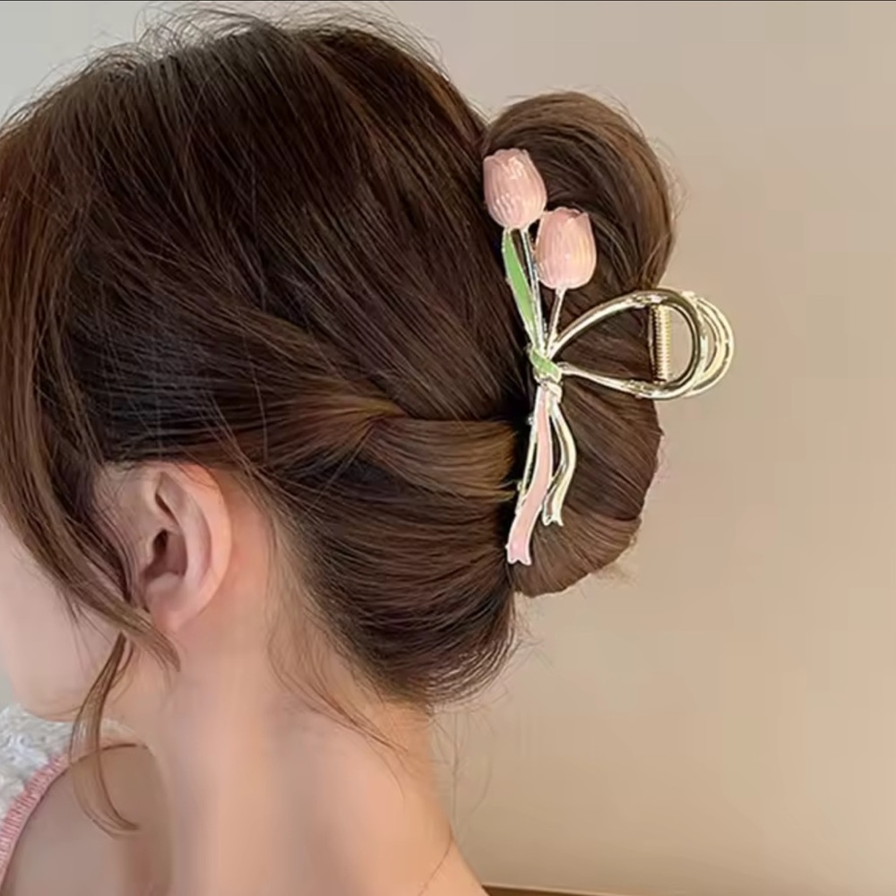 Pink Tulip Metal Enamel Hair Clip - Picture 2 of 4